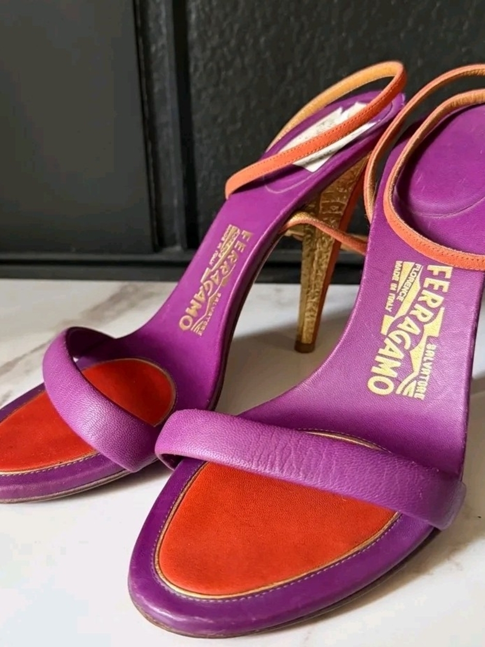 Salvatore Ferragamo Purple, Orange & Gold Strappy High Heel Sandals